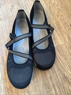 Dansko Black Knit Mary Jane Flats with Chevron Strap